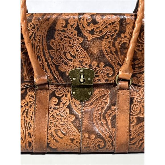 Patricia Nash Tooled Embossed Leather Vienna Satchel Handbag Brown Tote Bag - Picture 4 of 16